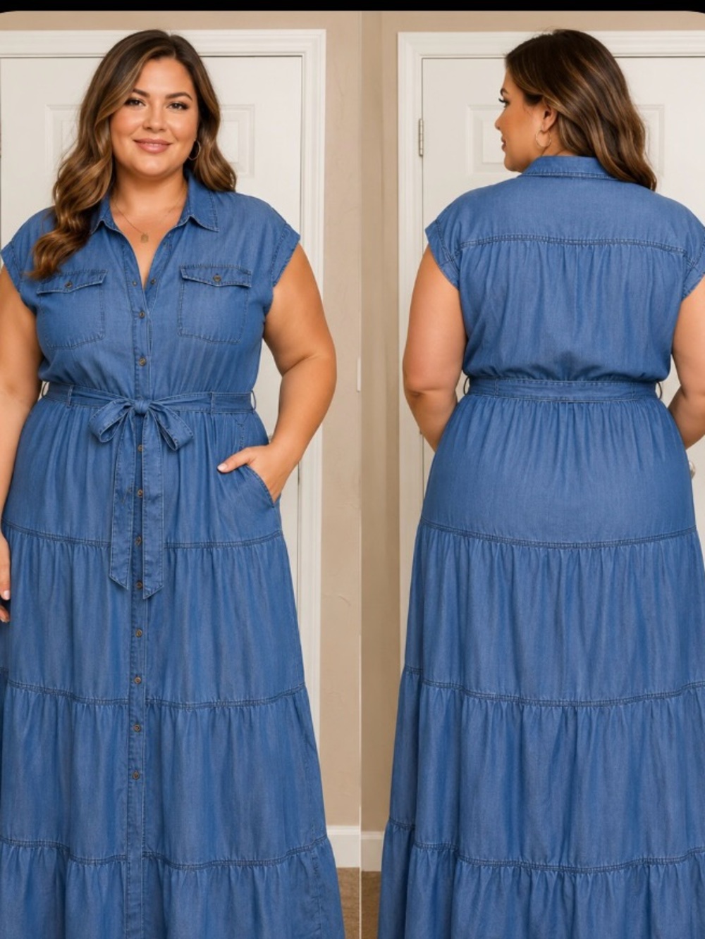 Chambray Button-Front Maxi Dress with Tie Waist -   , NWT 100  percent lyocell